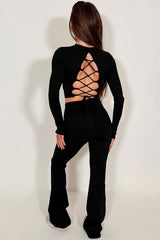 skinny flare trousers and tie back long sleeve crop top two piece co ord set styledup 