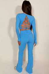 womens long sleeve crop top and skinny flare trousers lounge set styledup