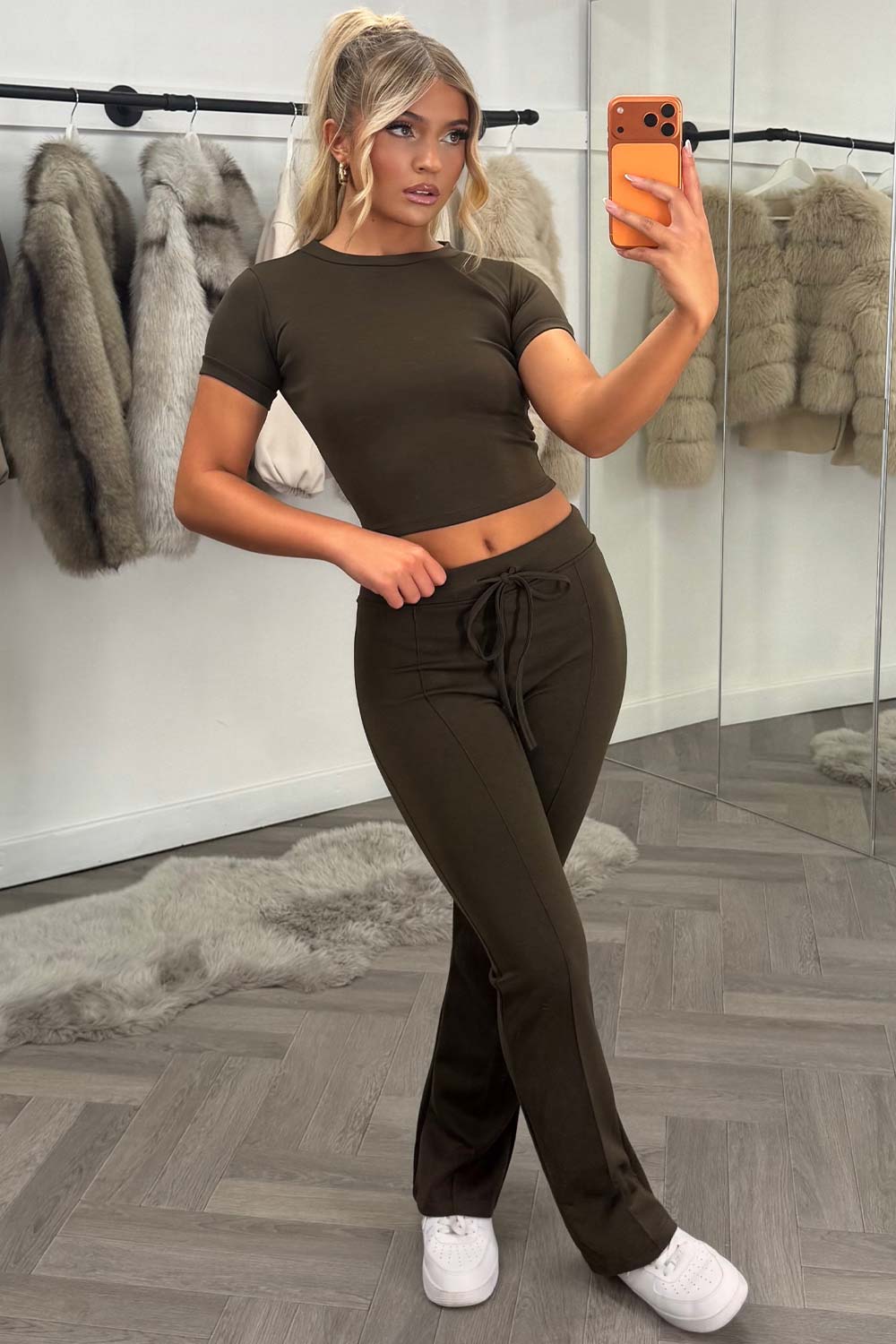 womens crop top and trousers two piece lounge set airport outfit styledup uk