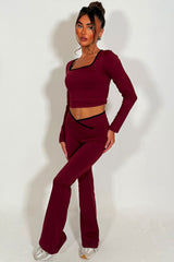 womens v waist flared yoga pants and long sleeve top two piece co ord set styled up 