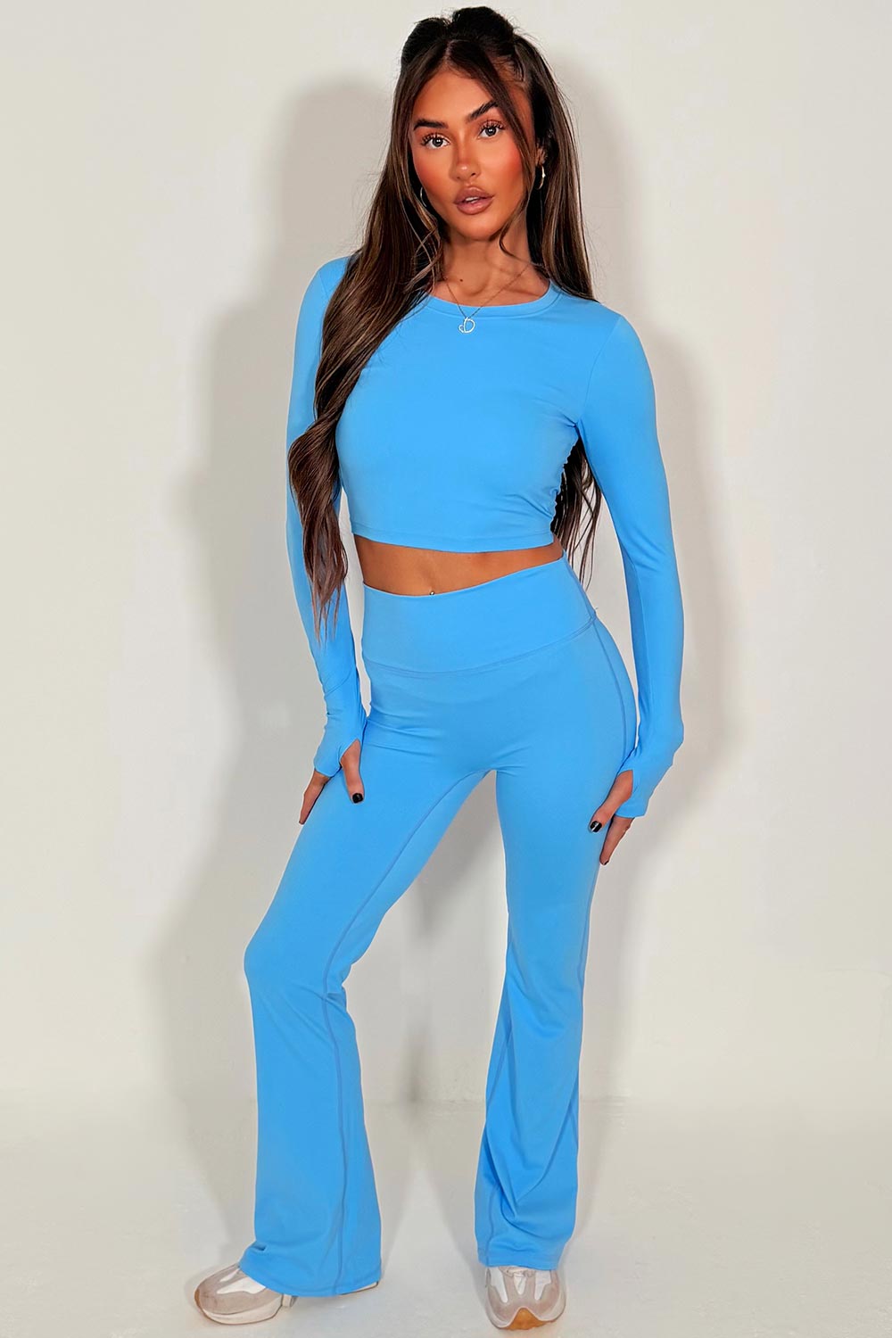 baby blue skinny flare trousers and tie back long sleeve crop top two piece co ord set styledup 