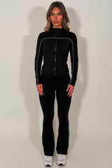 womens activewear zip up sports jacket and scrunch bum flare pants two piece set black