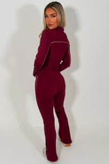 zip up sports jacket & scrunch bum skinny flare pants two piece set burgundy gymwear yoga outfit