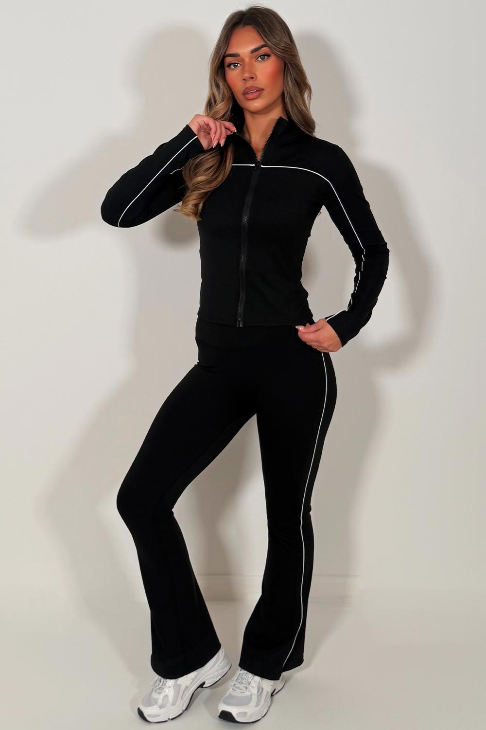 lululemon flare high rise yoga pants and zip up sports jacket two piece co ord set black activewear gym outfit sale styledup