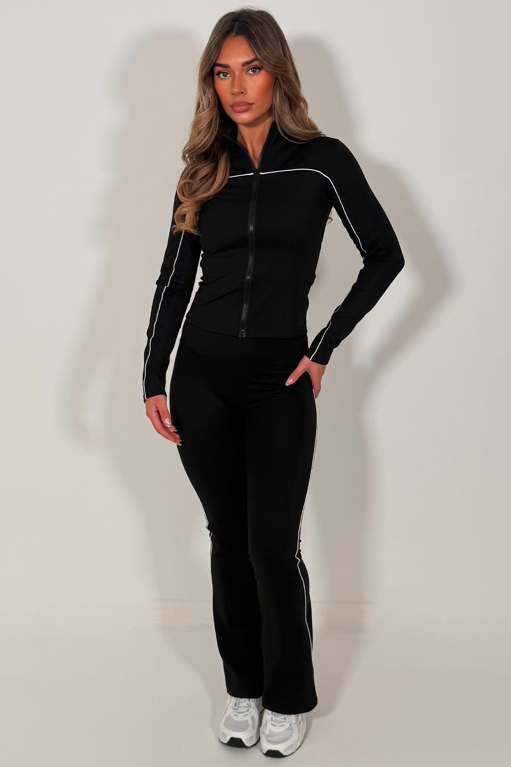 zip up sports jacket & scrunch bum flare pants two piece set matching outfit gym activewear styledup