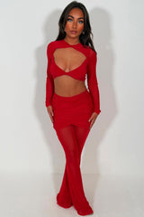 womens mesh flare trousers and long sleeve cut out crop top c ord set red night out going out christmas party outfit for womens 