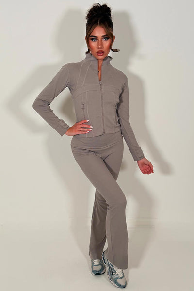 alo sports jacket and flare trousers two piece tracksuit dove grey 