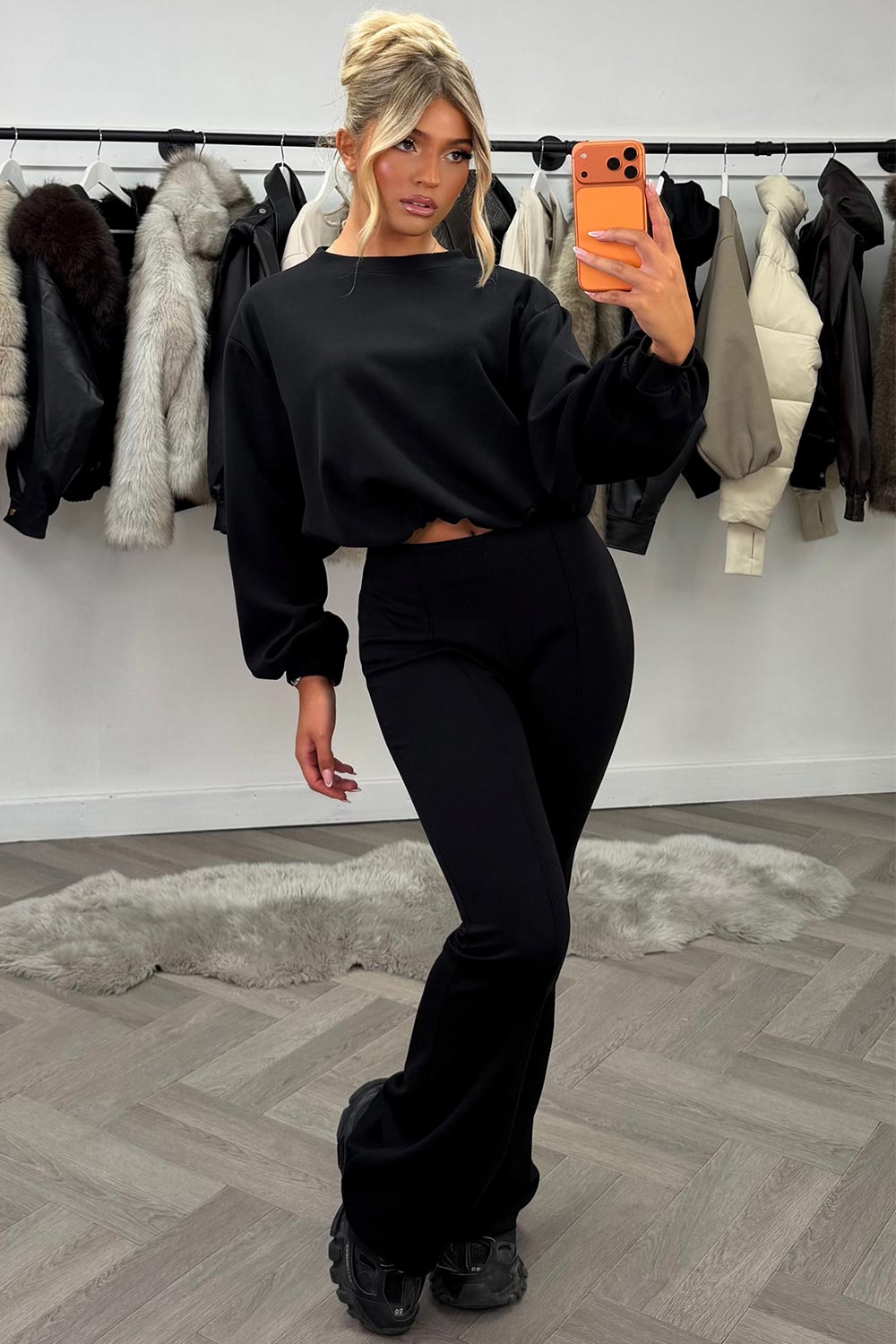 womens flare trouser and crop oversized sweatshirt loungewear set black styledup 