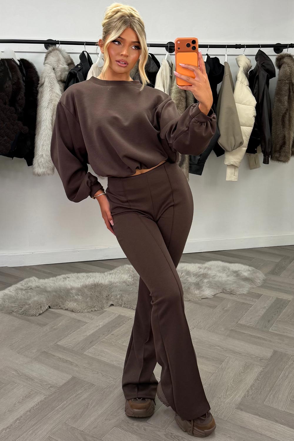 womens oversized crop sweatshirt and flare trouser two piece co ord set brown styledup 