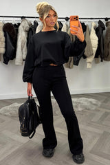 womens oversized crop sweatshirt and flare trouser two piece co ord set black styledup 