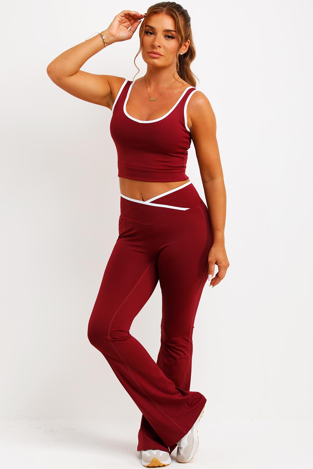 crossover waistband yoga flare pants and top two piece co ord set styledup 