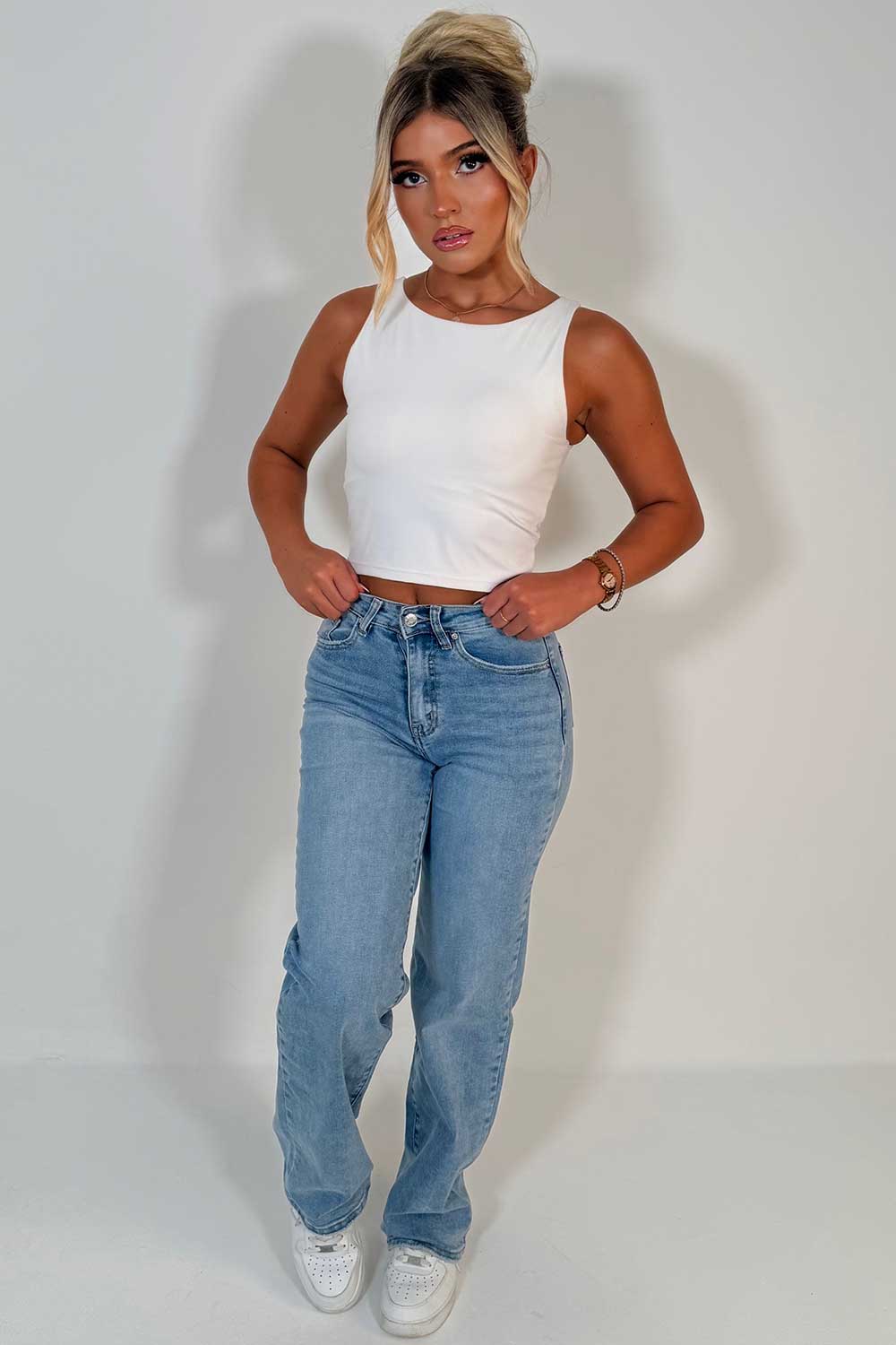 womens denim blue high waist jeans styledup uk