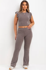 womens flare trouser and frill shoulder top two piece set loungewear co ord set