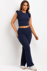 skinny flare trouser and frill shoulder top two piece set loungewear womens