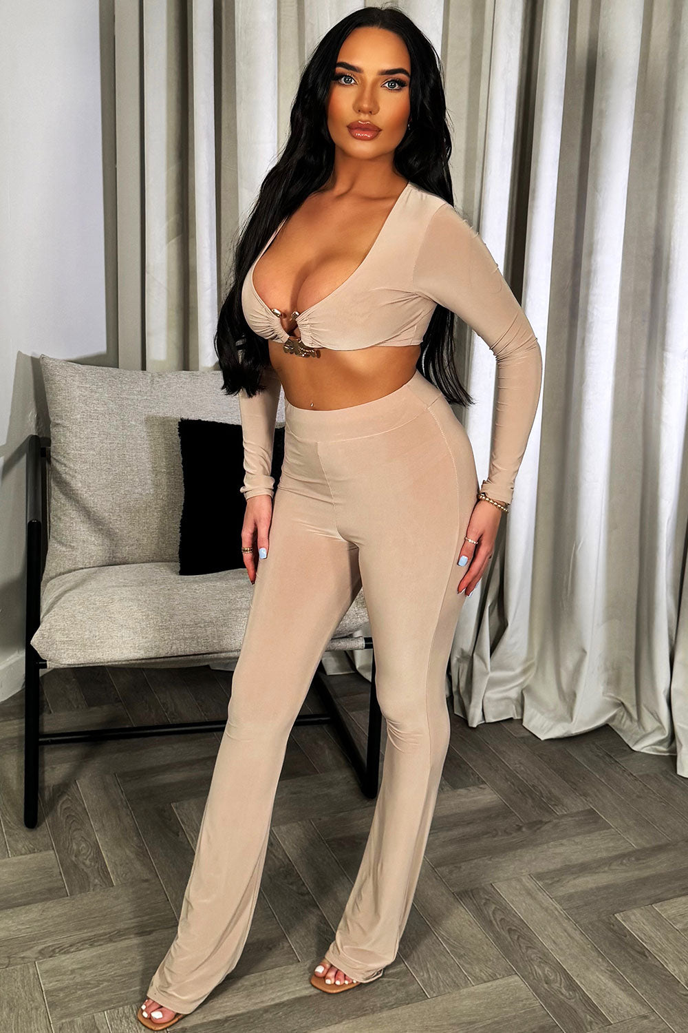 gold buckle crop top and flare trousers two piece set beige