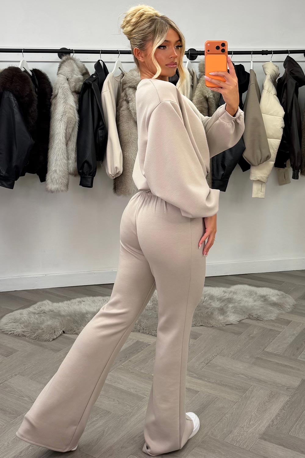 womens crop oversized sweatshirt and flare trouser two piece co ord set beige styledup 