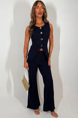 womens flare trousers and waistcoat with gold buttons two piece christmas outfit set night out outfit