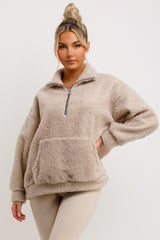 womens half zip teddy bear sweatshirt beige