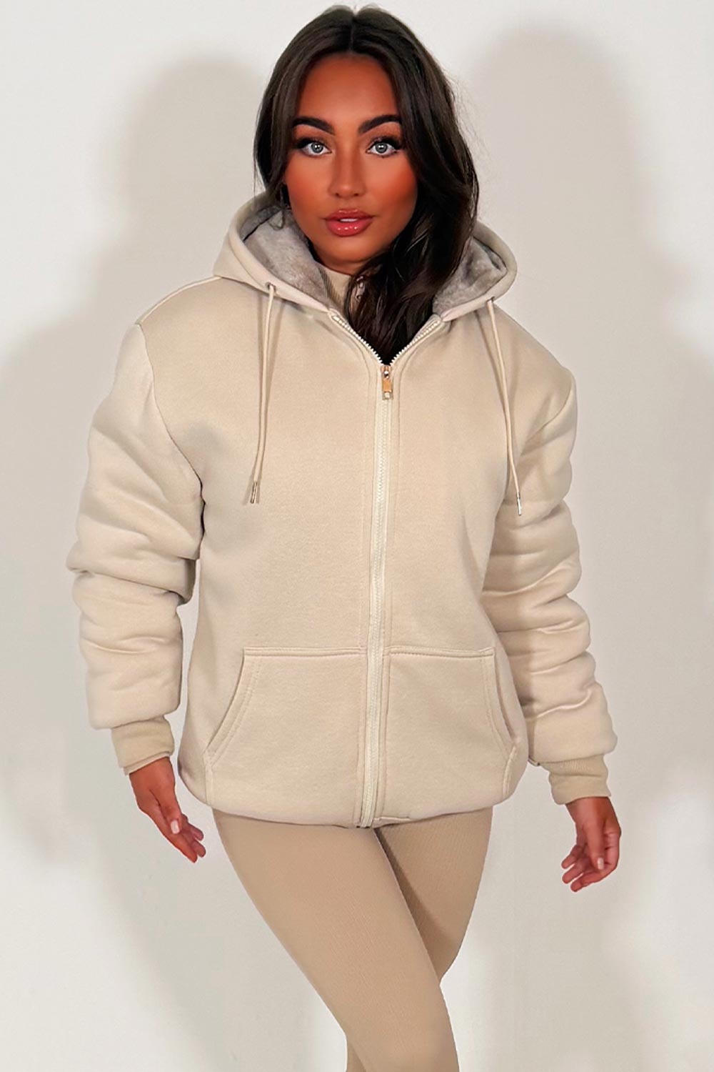 fur lined zip up hoodie for womens beige styledup 