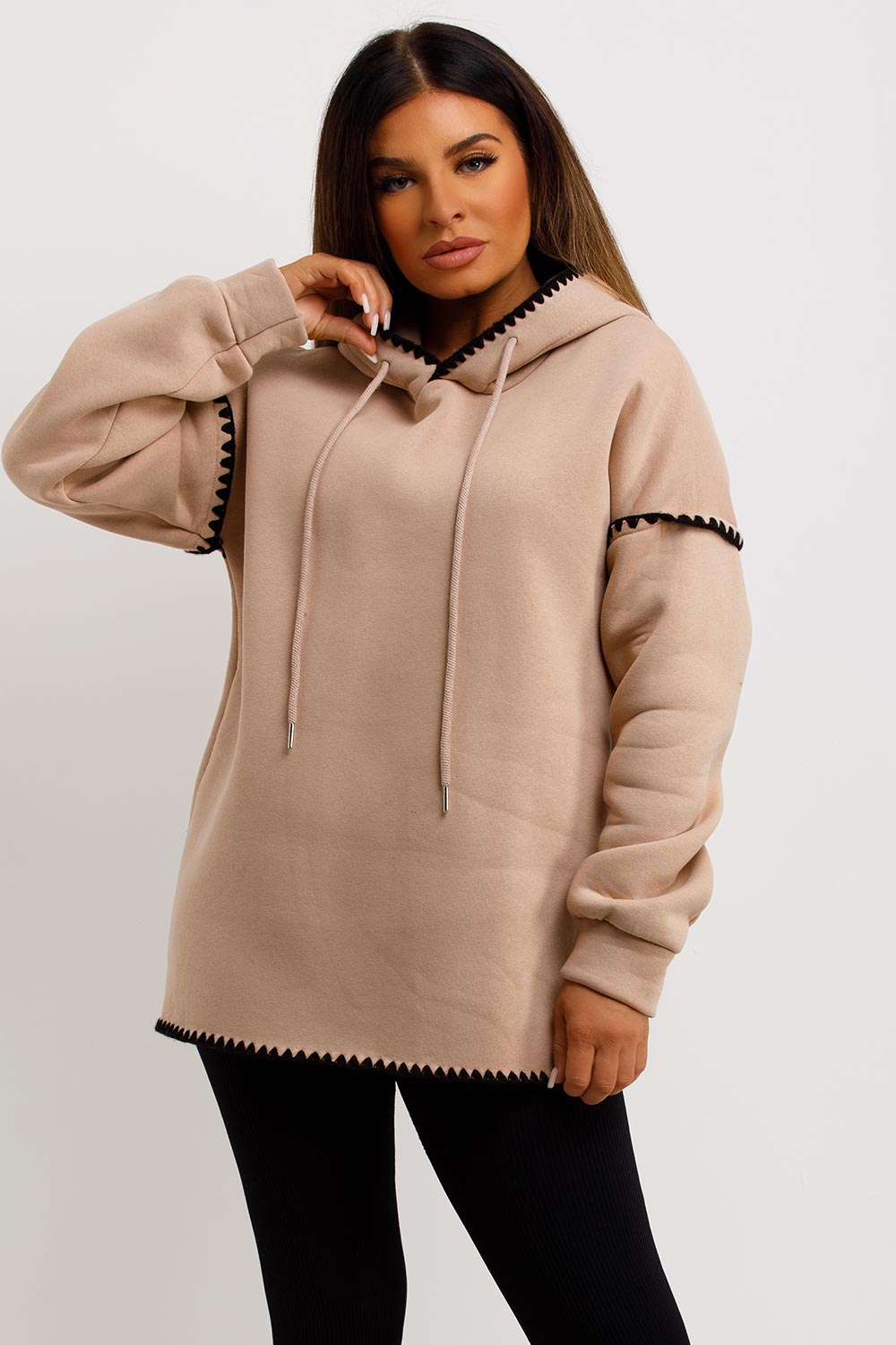 beige oversized hoodie with contrast stitches