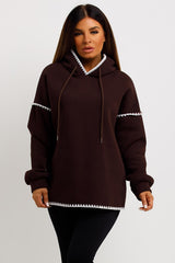 womens brown hoodie with contrast stitches