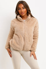 womens zip up teddy jacket with pockets