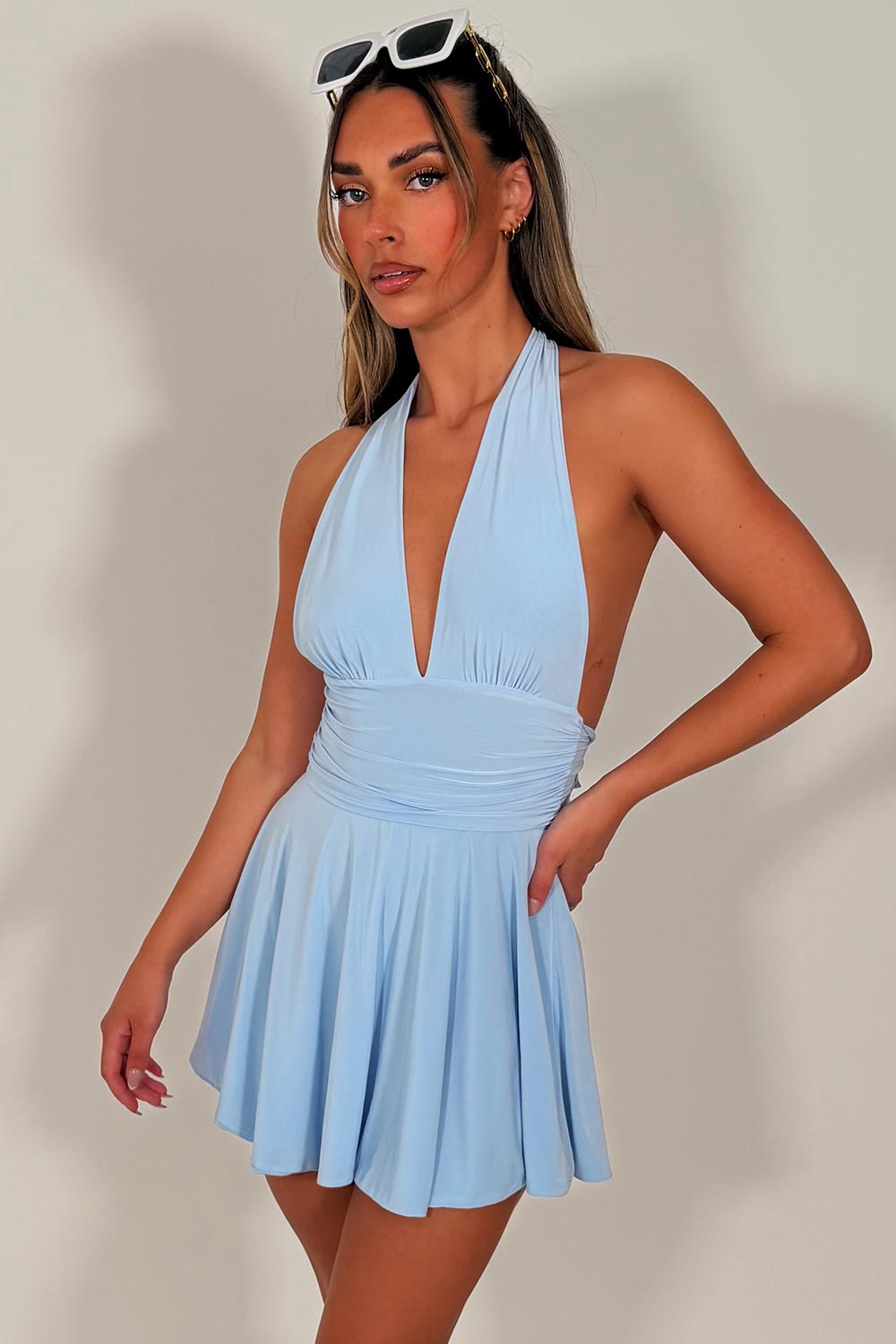 plunge halter neck backless skater dress summer holiday dress sky blue styledup uk white fox