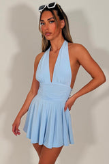 plunge halter neck backless skater dress summer holiday dress sky blue styledup uk white fox