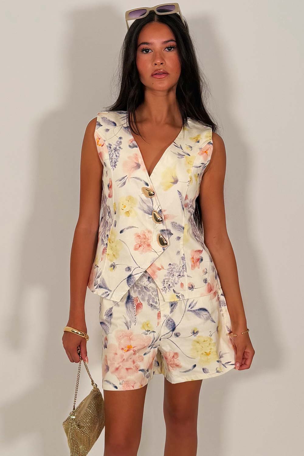 womens floral denim waistcoat and shorts two piece co ord set styledup uk