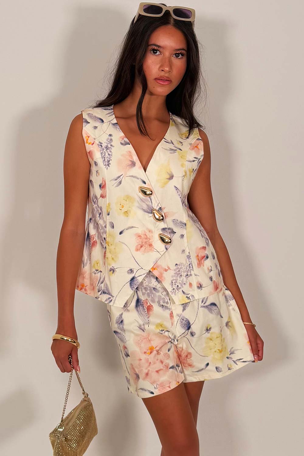 denim shorts and waistcoat co ord in floral print 
