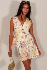 denim shorts and waistcoat co ord in floral print 