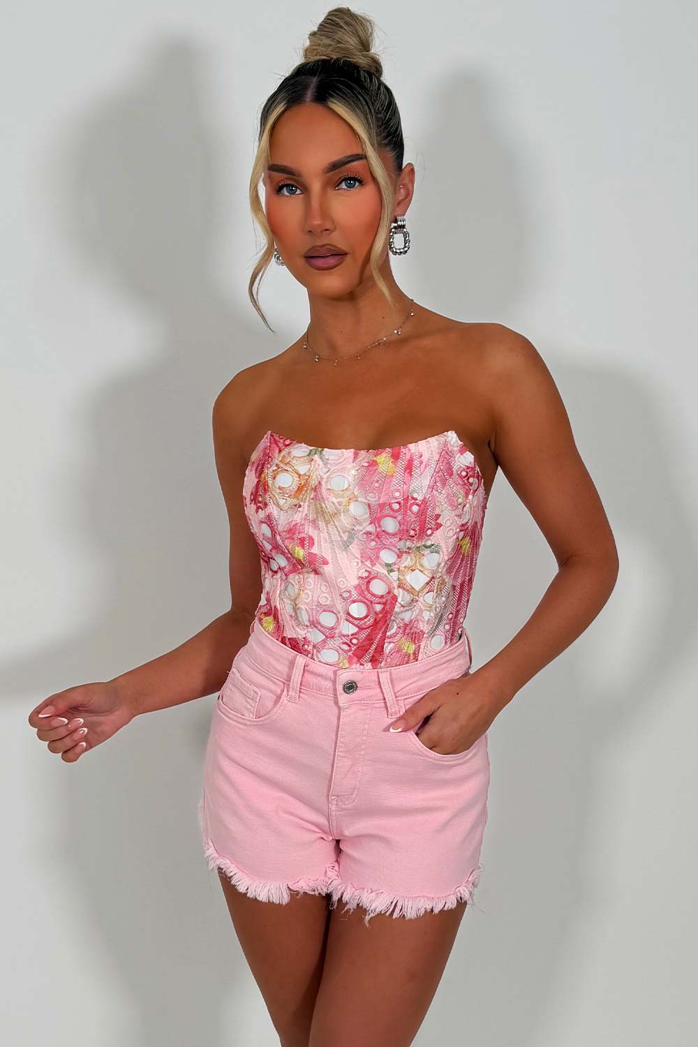 pink tie up back corset top floral print occasion date night outfit styledup whitefox uk