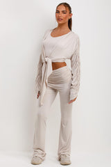fold over flared leg trousers crop top and ruched sleeve cardigan three piece matching set loungewear