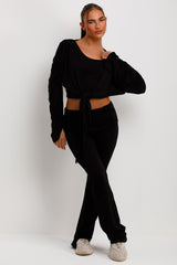 ruched cardigan crop top and fold over flared trousers three piece matching set black loungewear 