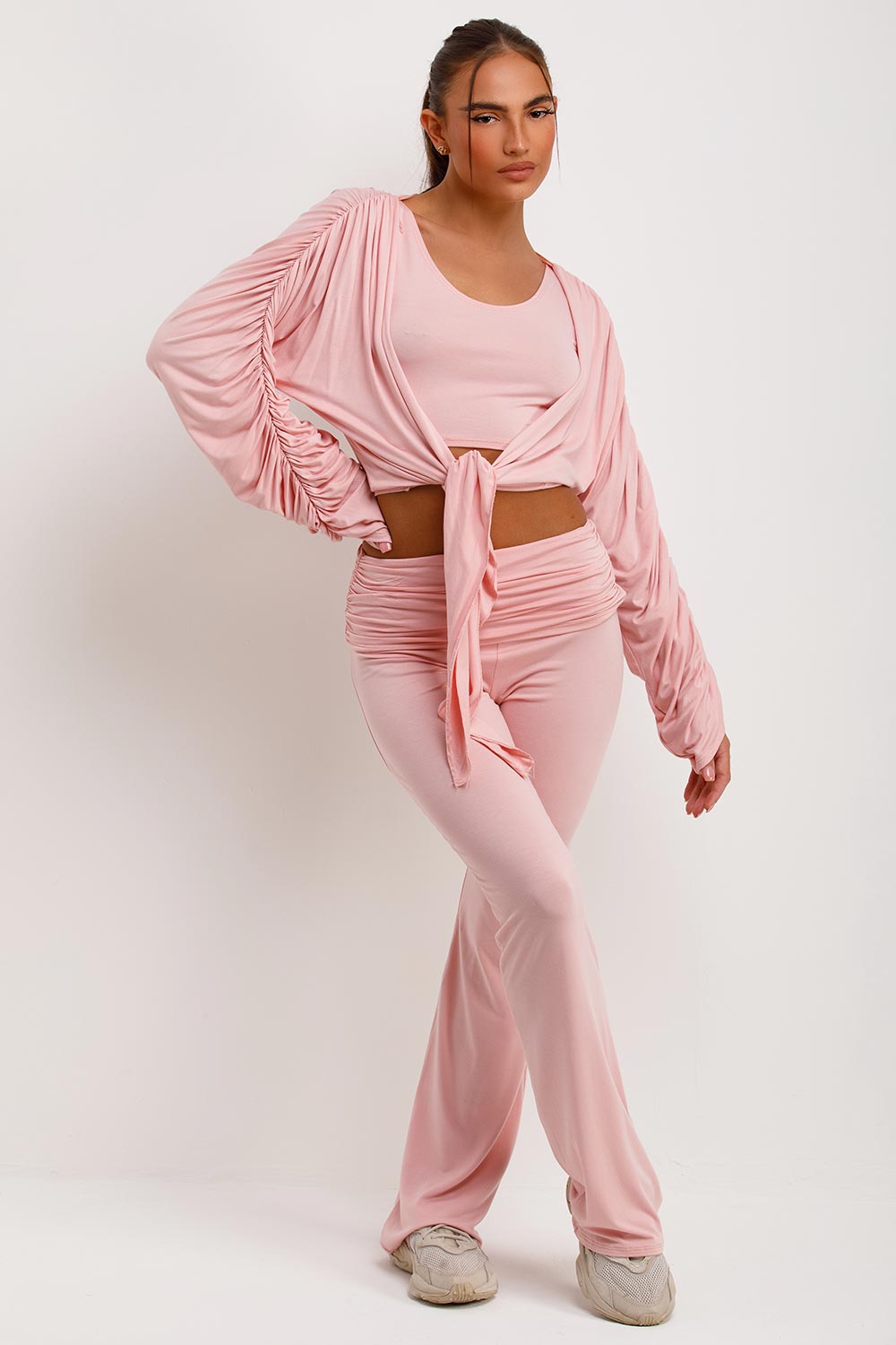 fold detail flare trousers crop top and ruched sleeve cardigan three piece set loungewear 