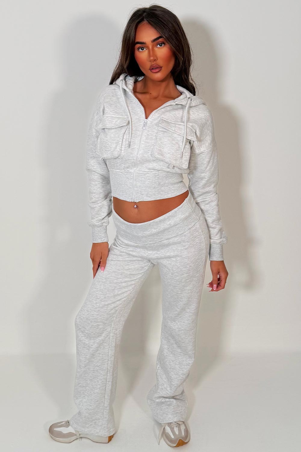 womens fold over flare trousers and crop hoodie tracksuit co ord set grey marl styledup uk