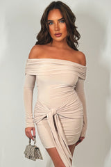 christmas party dress with long sleeve and knot front drape detail 