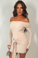 long sleeve knot front drape detail christmas party dress