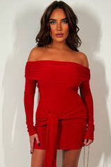 Red Long Sleeve Bardot Dress With Drape Detail