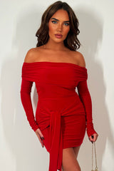 Red Long Sleeve Bardot Dress With Drape Detail