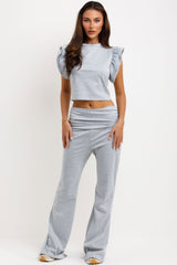 frill ruffle sleeve top and fold flare trousers two piece set