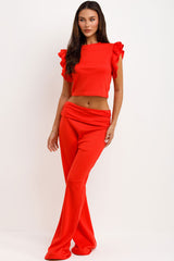 womens fold detail flare trousers and frill ruffle sleeve top two piece set