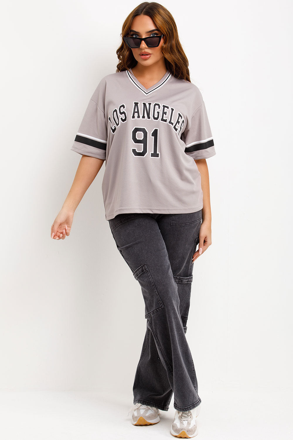 womens 91 los angeles slogan oversized jersey t shirt grey