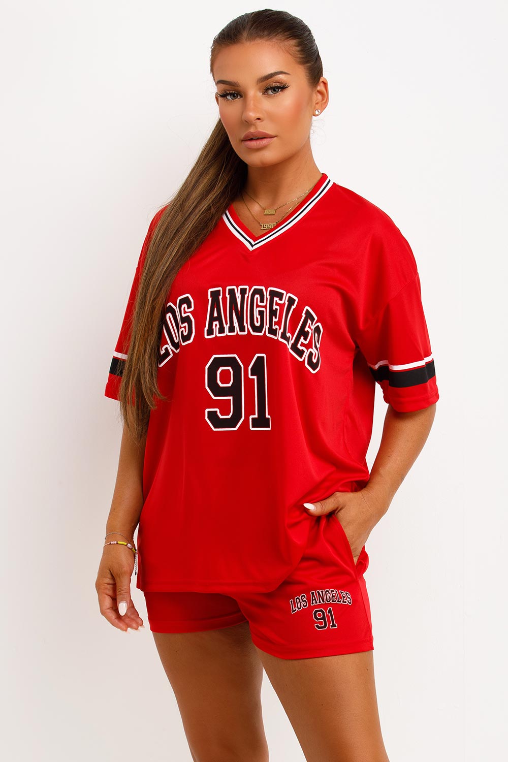 womens los angeles oversized jersey american football t shirt and matching shorts co ord set