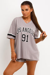 womens los angeles slogan oversized jersey t shirt and shorts two piece co ord set 