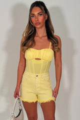 diamante rhinestone contrast pocket denim shorts yellow womens summer holiday outfit 