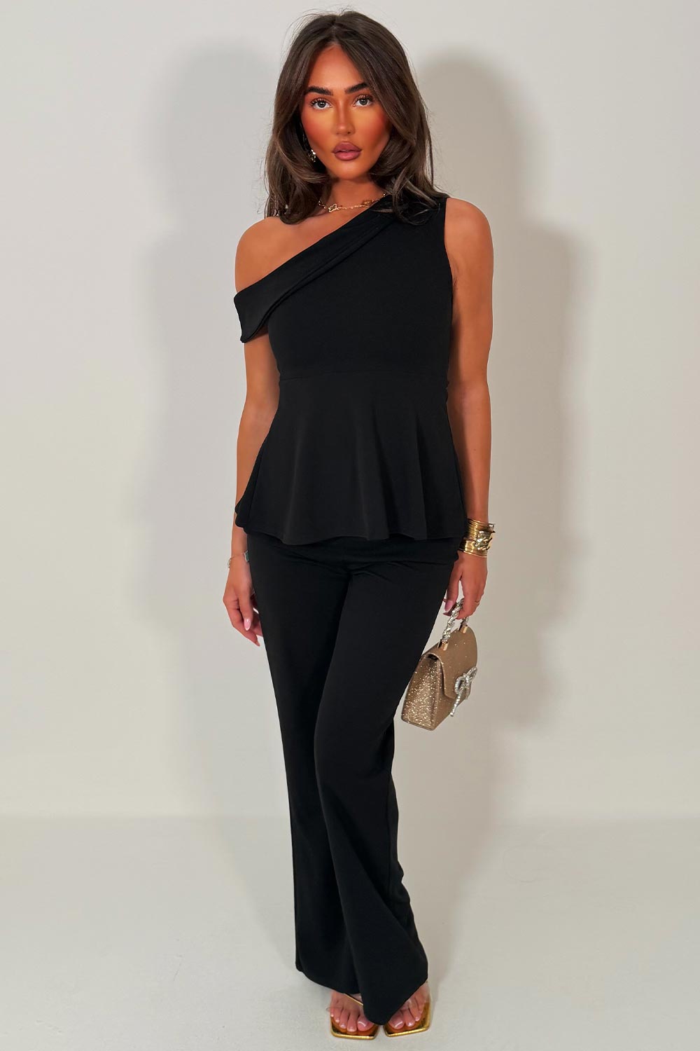 womens one shoulder peplum top and wide leg trousers two piece co ord night out occasion outfit set 