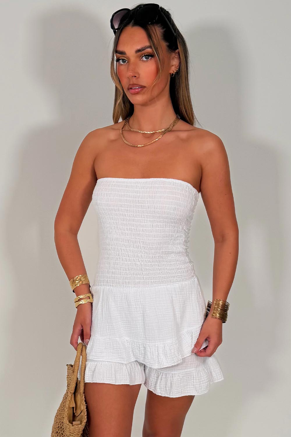 summer casual playsuit ruffle frilly hem bandeau dress for summer holidays styledup uk white fox 