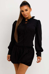 womens two piece frilly long sleeve top and shorts co ord set