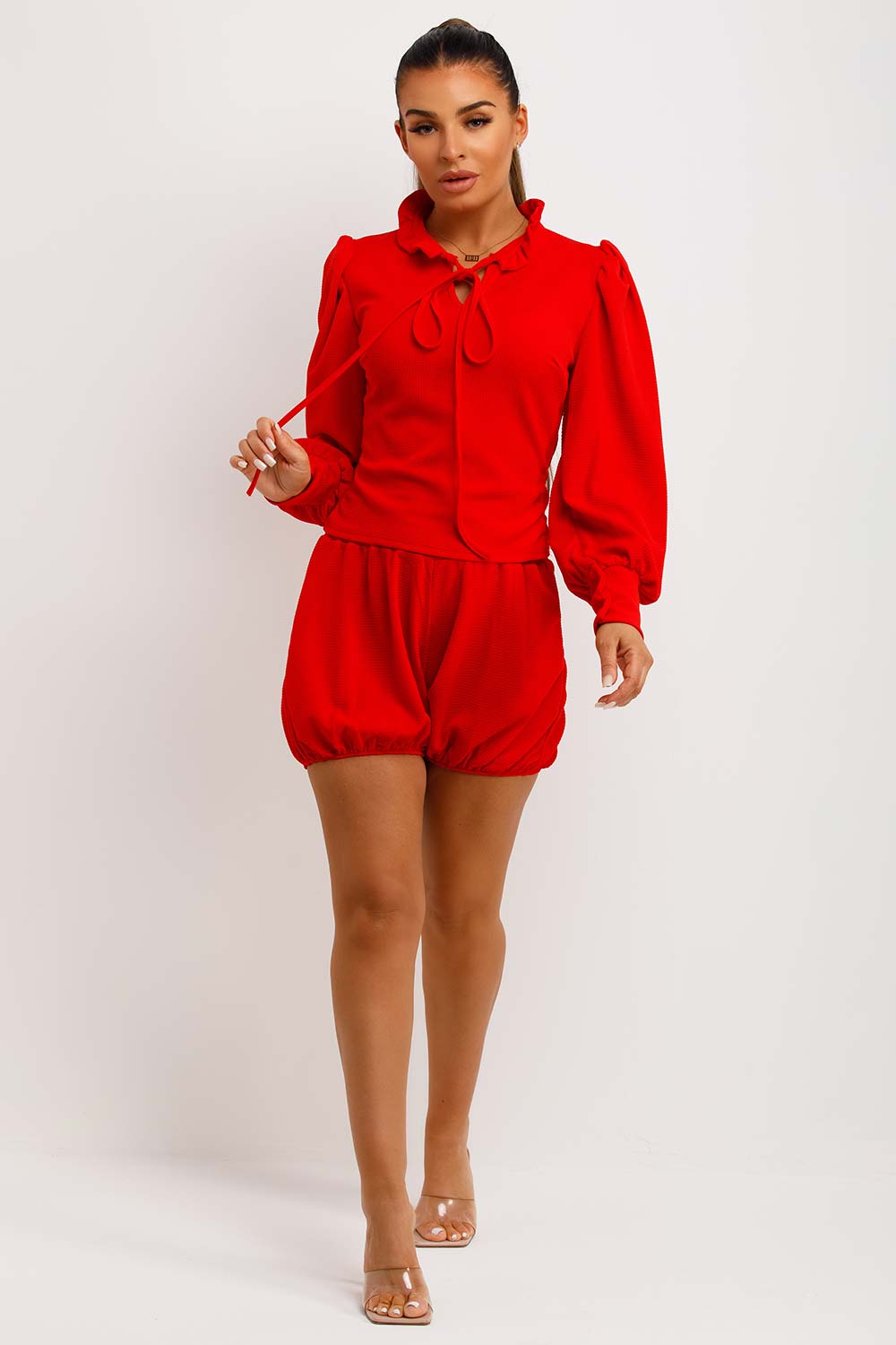 long sleeve blouse and shorts with frilly hem going out set